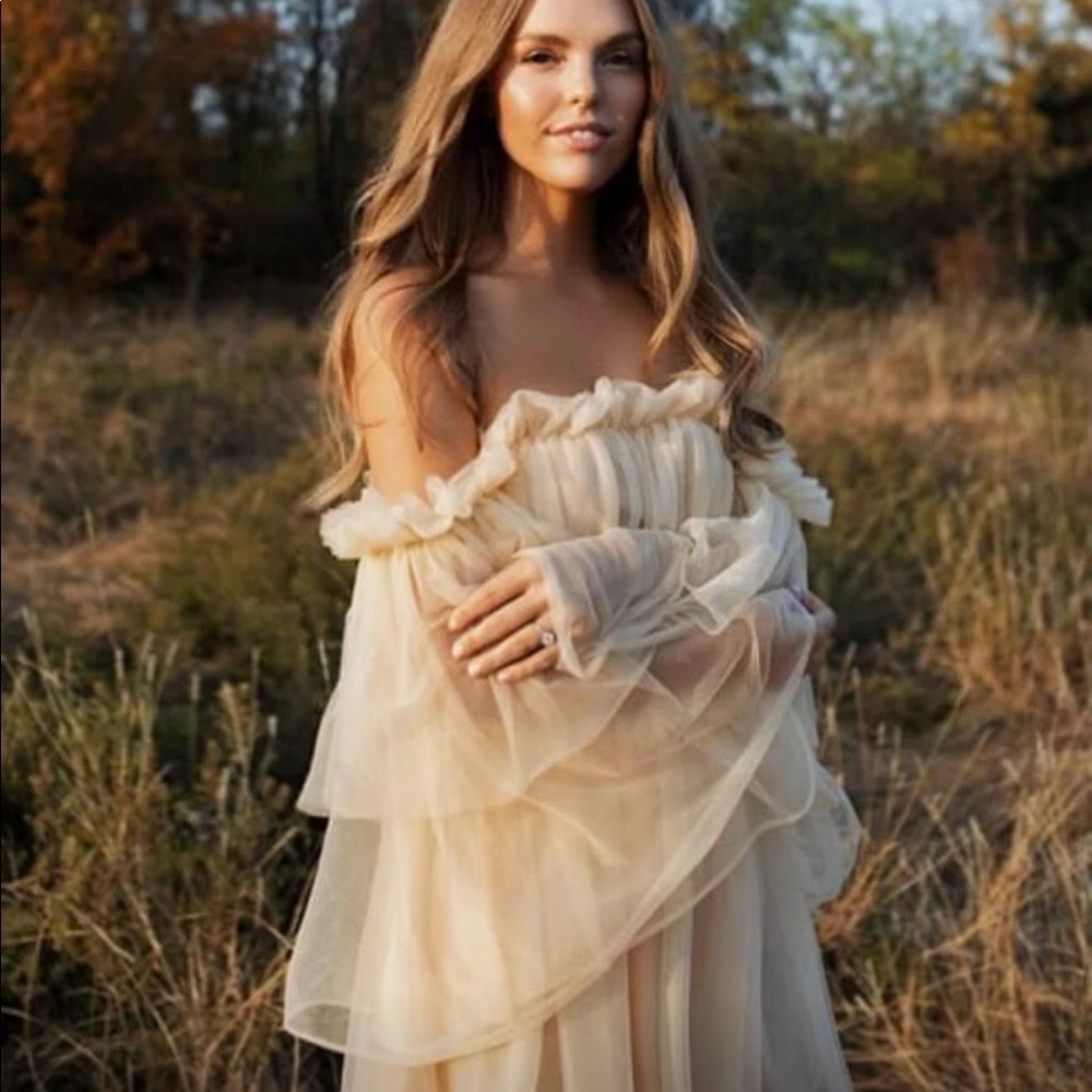 Ruffle dress mesh off shoulder fairy layer cream